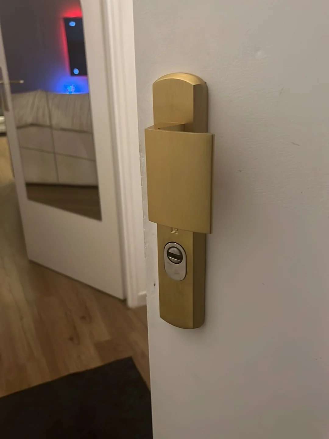Serrure et poignée dorées sur une porte sécurisée